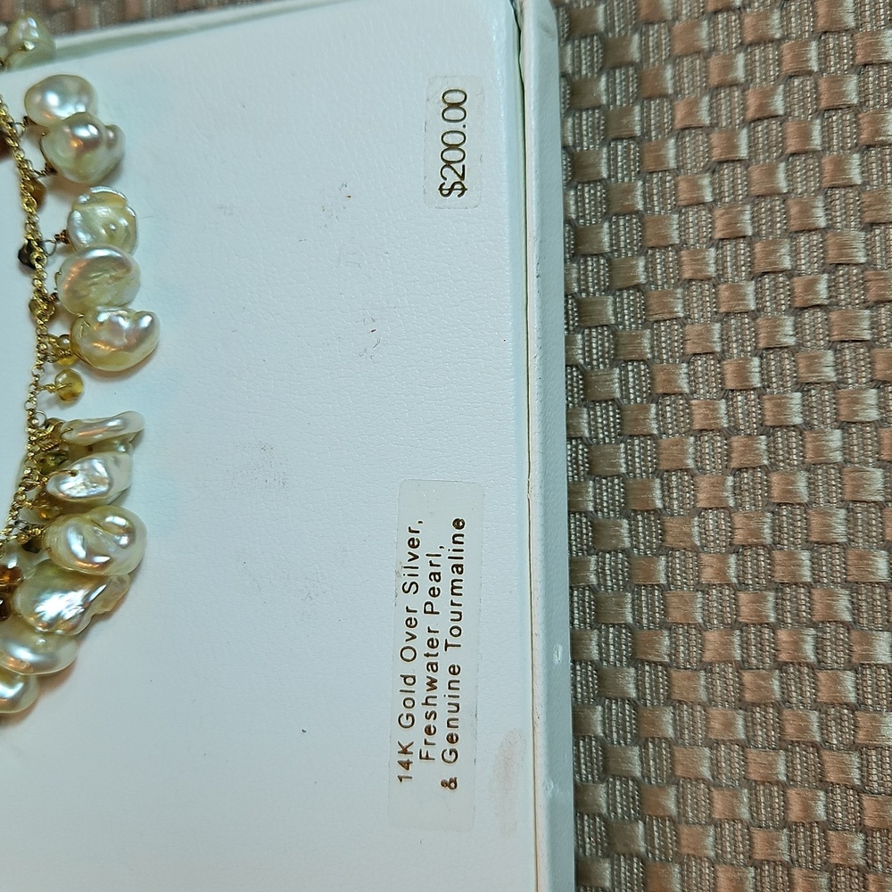 14k Gold Over Silver Freshwater Pearls & Tourmaline Necklace 18" Adjustable - Picture 6 of 11